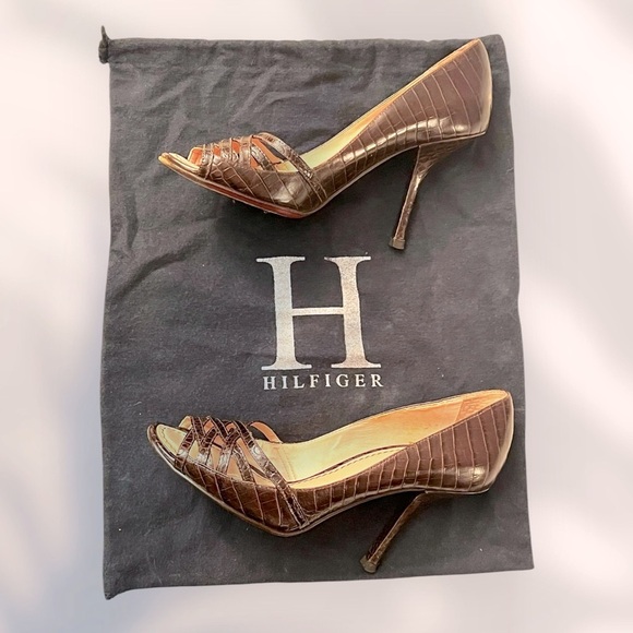 Tommy Hilfiger Shoes - Tommy Hilfiger Brown Croc-Embossed Open Toe Heels - 5M